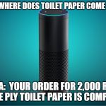 Amazon is genius.  The marketing is complete. | ALEXA WHERE DOES TOILET PAPER COME FROM? ALEXA:  YOUR ORDER FOR 2,000 ROLLS OF ONE PLY TOILET PAPER IS COMPLETE. | image tagged in amazon echo | made w/ Imgflip meme maker