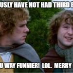 Merry and Pippin | YOU OBVIOUSLY HAVE NOT HAD THIRD BREAKFAST. IT MAKES YOU WAY FUNNIER!  LOL.  MERRY CHRISTMAS! | image tagged in merry and pippin | made w/ Imgflip meme maker