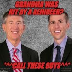 In a Wreck? Need a Check? | GRANDMA WAS HIT BY A REINDEER? *^^CALL THESE GUYS^^* | image tagged in in a wreck need a check | made w/ Imgflip meme maker