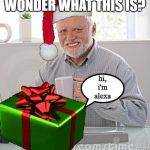 Christmas Present Hide the Pain Harold | WONDER WHAT THIS IS? hi, i'm alexa | image tagged in christmas present hide the pain harold | made w/ Imgflip meme maker