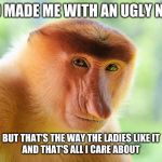 nosacz monkey | GOD MADE ME WITH AN UGLY NOSE; BUT THAT'S THE WAY THE LADIES LIKE IT

AND THAT'S ALL I CARE ABOUT | image tagged in nosacz monkey | made w/ Imgflip meme maker