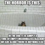 Nihilist Empty Bath Cat | THE HORROR IS THIS:; IN THE END, IT IS SIMPLY A PICTURE OF EMPTY MEANINGLESS BLACKNESS. WE ARE ALONE. THERE IS NOTHING ELSE. | image tagged in nihilist empty bath cat | made w/ Imgflip meme maker