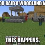 Minecraft Raid | WHEN YOU RAID A WOODLAND MANSION; THIS HAPPENS. | image tagged in minecraft raid | made w/ Imgflip meme maker