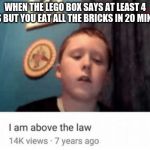 I am above the law | WHEN THE LEGO BOX SAYS AT LEAST 4 YEARS BUT YOU EAT ALL THE BRICKS IN 20 MINUTES. | image tagged in i am above the law | made w/ Imgflip meme maker