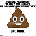 crap | IF YOU HAVE A PILE OF CRAP AND YOU DIVIDE IT INTO 3 EQUAL PARTS, AND TAKE AWAY TWO, WHAT ARE YOU LEFT WITH? ONE TURD. | image tagged in crap | made w/ Imgflip meme maker