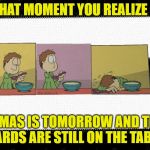 That moment you realize  | THAT MOMENT YOU REALIZE ... X-MAS IS TOMORROW AND THE CARDS ARE STILL ON THE TABLE | image tagged in that moment you realize | made w/ Imgflip meme maker