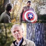 Old Captain America gives shield to falcon