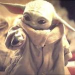 Baby Yoda looking at his hand meme