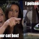 Smudge the Cat Wisdom | I poisoned your wine. I puked in your cat box! | image tagged in smudge the cat wisdom,memes,woman yelling at cat,wine,puke | made w/ Imgflip meme maker