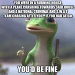 Geico Gecko | YOU WERE IN A BURNING HOUSE, WITH A PLANE CRASHING TOWARDS SAID HOUSE, AND A NATIONAL CRIMINAL AND S.W.A.T TEAM CHASING AFTER YOU... IF YOU HAD GEICO, YOU'D BE FINE | image tagged in geico gecko | made w/ Imgflip meme maker