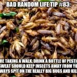 insects¨ | BAD RANDOM LIFE TIP #83:; BEFORE TAKING A WALK, DRINK A BOTTLE OF PESTICIDE. YOUR SWEAT SHOULD KEEP INSECTS AWAY FROM YOU, AND YOU CAN ALWAYS SPIT ON THE REALLY BIG BUGS AND KILL THEM TOO. | image tagged in insects | made w/ Imgflip meme maker