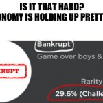 It's hard to go bankrupt | IS IT THAT HARD?
THE ECONOMY IS HOLDING UP PRETTY WELL. | image tagged in it's hard to go bankrupt | made w/ Imgflip meme maker