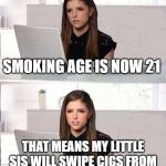 Hide The Pain Anna | SMOKING AGE IS NOW 21; THAT MEANS MY LITTLE SIS WILL SWIPE CIGS FROM MY PURSE FOR 2 MORE YEARS. | image tagged in hide the pain anna | made w/ Imgflip meme maker
