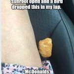 When a chicken nugget falls randomly through your sunroof | Driving with my sunroof open and a bird dropped this in my lap. McDonalds or Chick fil a? | image tagged in when a chicken nugget falls randomly through your sunroof | made w/ Imgflip meme maker