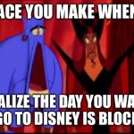 Disney | THE FACE YOU MAKE WHEN YOU; REALIZE THE DAY YOU WANT TO GO TO DISNEY IS BLOCKED | image tagged in disney | made w/ Imgflip meme maker