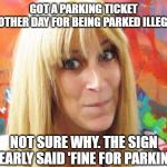 ditzy blonde | GOT A PARKING TICKET THE OTHER DAY FOR BEING PARKED ILLEGALLY. NOT SURE WHY. THE SIGN CLEARLY SAID 'FINE FOR PARKING'. | image tagged in ditzy blonde,parking ticket,clueless | made w/ Imgflip meme maker