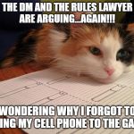 D&D Cat | THE DM AND THE RULES LAWYER
ARE ARGUING...AGAIN!!! WONDERING WHY I FORGOT TO BRING MY CELL PHONE TO THE GAME | image tagged in dd cat | made w/ Imgflip meme maker