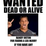 The Apex Faker | RANDY ORTON
FOR FAKING A LEG INJURY; IF YOU HAVE ANY INFORMATION, REPORT TO AJ STYLES | image tagged in wanted dead or alive,wwe,memes,funny memes | made w/ Imgflip meme maker