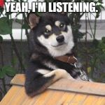 Listening dog | YEAH, I'M LISTENING. | image tagged in listening dog | made w/ Imgflip meme maker