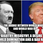 DT next to Hitler | THE BRIDGE BETWEEN WORLD WAR II 
AND WORLD WAR III; BIGOTRY, MISOGYNY, A DESIRE FOR WORLD DOMINATION AND A BAD HAIRCUT | image tagged in dt next to hitler | made w/ Imgflip meme maker