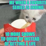 The Game of No Life | ME WHEN A FAVORITE SERIES IS ENDING; 10 MORE SHOWS TO QUEUE UP INSTEAD OF GETTING A LIFE | image tagged in sad kitten eats fries,entertainment,fandom | made w/ Imgflip meme maker