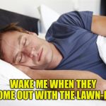 Do Not Disturb | WAKE ME WHEN THEY COME OUT WITH THE LAWN-BA | image tagged in sleeping man,roomba,lawnba,do not disturb | made w/ Imgflip meme maker