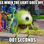 Screaming Mike Wazowski | GIRLS WHEN THE LIGHT GOES OFF FOR; .001 SECONDS | image tagged in screaming mike wazowski | made w/ Imgflip meme maker