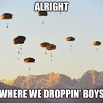 Where we droppin' | ALRIGHT; WHERE WE DROPPIN' BOYS | image tagged in fortnite meme | made w/ Imgflip meme maker