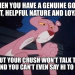 Sad Pink Panther | WHEN YOU HAVE A GENUINE GOOD HEART, HELPFUL NATURE AND LOYALITY; BUT YOUR CRUSH WON’T TALK TO YOU AND YOU CAN’T EVEN SAY HI TO GIRLS | image tagged in sad pink panther | made w/ Imgflip meme maker