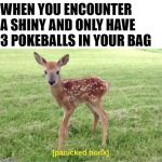 Shiny Hunt | WHEN YOU ENCOUNTER A SHINY AND ONLY HAVE 3 POKEBALLS IN YOUR BAG | image tagged in honk,pokemon,shiny,hunting,fail,nervous | made w/ Imgflip meme maker