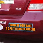 Honk If You Have A Splitting Headache | HONK IF YOU HAVE A SPLITTLING HEADACHE | image tagged in blank bumper sticker | made w/ Imgflip meme maker