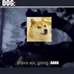 Bravo six going dark | DOG SEES SOMEONE AT THE DOOR; DOG:; BARK | image tagged in bravo six going dark | made w/ Imgflip meme maker