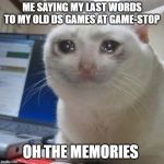 Hopefully someone else will enjoy them as much as I did. | ME SAYING MY LAST WORDS TO MY OLD DS GAMES AT GAME-STOP; OH THE MEMORIES | image tagged in cryingcat,funny,memes | made w/ Imgflip meme maker