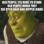 sherk | OLD PEOPLE: ITS RUDE TO STARE 
OLD PEOPLE WHEN THEY SEE DYED HAIR AND RIPPED JEANS: | image tagged in sherk | made w/ Imgflip meme maker
