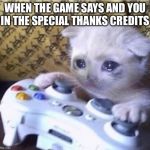 cat cry | WHEN THE GAME SAYS AND YOU IN THE SPECIAL THANKS CREDITS | image tagged in cat cry | made w/ Imgflip meme maker