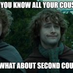 What about second breakfast? | AYE, YOU KNOW ALL YOUR COUSINS; BUT WHAT ABOUT SECOND COUSINS | image tagged in what about second breakfast | made w/ Imgflip meme maker