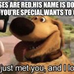 Doug from Up | ROSES ARE RED,HIS NAME IS DOUG.
HE THINKS YOU'RE SPECIAL,WANTS TO GIVE HUGS. | image tagged in doug from up | made w/ Imgflip meme maker