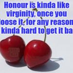 Honour and Virginity | Honour is kinda like virginity, once you loose it, for any reason, its kinda hard to get it back. YARRA MAN | image tagged in honour and virginity | made w/ Imgflip meme maker