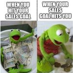 kermit before and after money | WHEN YOUR SALES GOAL HITS YOU; WHEN YOU HIT YOUR SALES GOAL | image tagged in kermit before and after money | made w/ Imgflip meme maker
