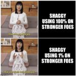 This does not spark joy | SHAGGY USING 100% ON STRONGER FOES; SHAGGY USING 1% ON STRONGER FOES | image tagged in this does not spark joy | made w/ Imgflip meme maker