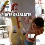 Pokemon Sword and Shield in a nutshell | PLAYER CHARACTER; HOP | image tagged in mcdonald slap,pokemon,pokemon sword and shield | made w/ Imgflip meme maker