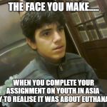 When you realise | THE FACE YOU MAKE..... WHEN YOU COMPLETE YOUR ASSIGNMENT ON YOUTH IN ASIA 
 ONLY TO REALISE IT WAS ABOUT EUTHANASIA. | image tagged in when you realise | made w/ Imgflip meme maker