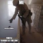 Grenade Drop | ME; PLASTIC STRAWS; TURTLE EXHIBIT AT THE ZOO | image tagged in grenade drop | made w/ Imgflip meme maker
