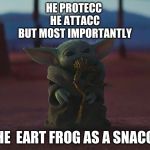 Baby yoda frog | HE PROTECC 
HE ATTACC
BUT MOST IMPORTANTLY; HE  EART FROG AS A SNACC | image tagged in baby yoda frog | made w/ Imgflip meme maker
