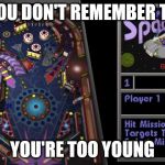 pinball | IF YOU DON'T REMEMBER THIS; YOU'RE TOO YOUNG | image tagged in pinball | made w/ Imgflip meme maker