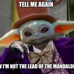 Baby Yoda Wonka | TELL ME AGAIN; HOW I'M NOT THE LEAD OF THE MANDALORIAN | image tagged in baby yoda wonka | made w/ Imgflip meme maker