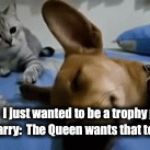 Meghan Discussing Things With Harry | Meghan:  I just wanted to be a trophy princess!
Harry:  The Queen wants that too. | image tagged in gifs,prince harry,meghan markle,royal,memes,cat hitting dog | made w/ Imgflip video-to-gif maker
