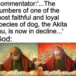Noah Get The Boat | Commentator:'...The numbers of one of the most faithful and loyal species of dog, the Akita Inu, is now in decline...'; God: | image tagged in noah get the boat | made w/ Imgflip meme maker