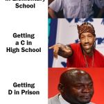 Getting Grades | Getting an A in Elementary School; Getting a C in High School; COVELL BELLAMY III; Getting D in Prison | image tagged in getting grades | made w/ Imgflip meme maker