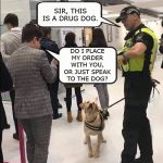 Sir, this is a drug dog. | SIR, THIS IS A DRUG DOG. DO I PLACE MY ORDER WITH YOU, OR JUST SPEAK TO THE DOG? | image tagged in sir this is a drug dog,memes,dogs,drugs,drug dealer,police | made w/ Imgflip meme maker